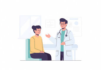 病院の診察室で対話する医師と患者のイラスト（医療・受診・健康診断・カウンセリング）