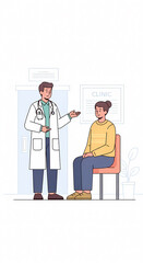 病院の診察室で対話する医師と患者のイラスト（医療・受診・健康診断・カウンセリング）