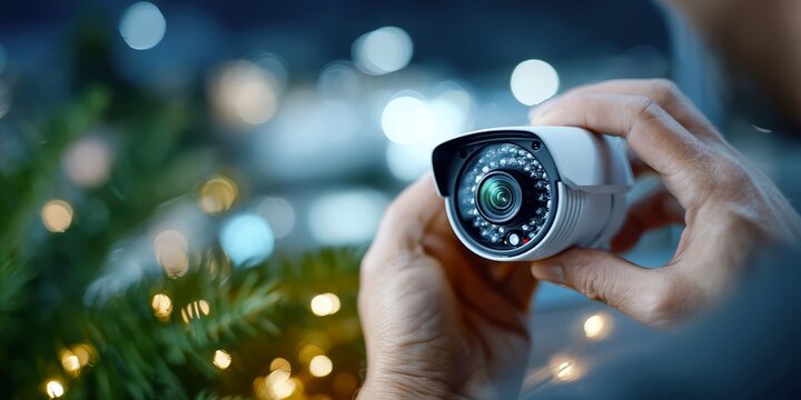 Close up of hands setting up home security camera