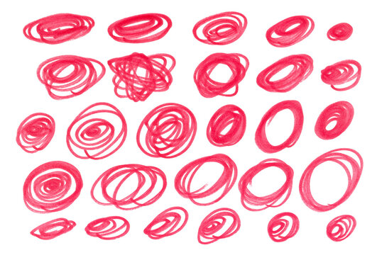Set scribble circle and dot, red marker isolated on white background, design element	