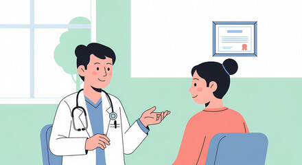 病院の診察室で対話する医師と患者のイラスト（医療・受診・健康診断・カウンセリング）