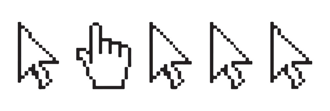 Collection of pixelated computer mouse cursor icons including arrow and hand pointer for web design