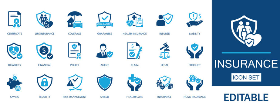 Insurance and Protection icon set. Features editable icons for risk management, Life, Health, Car, and Home Insurance. Solid vector icons for safety and claim services.