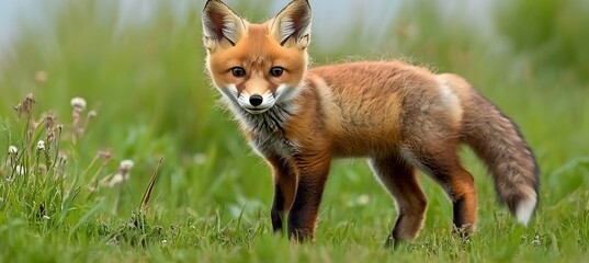 Fototapeta premium Charming Portrait of a Playful Red Fox Kit Standing in a Lush Green Field on a Bright Summer Day