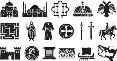 Set of byzantine empire black vector icons on transparent background: church, mosque, basilica, crown, eagle, labyrinth, emperor, tunic, shield, spear, sword, fortress, scroll, ornament, boat, map © TosherAsh