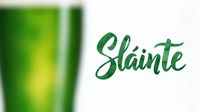 Green watercolor Sl&aacute;inte lettering with blurred shamrock drink. Saint Patricks Day design for festive celebration and greeting card.