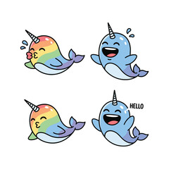 Colorful cartoon narwhals with different emotions and hello text on white background © MorsidaStock