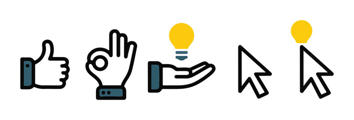 Set of colorful gestures: thumbs up, ok hand, hand holding light bulb, and upward arrow cursor
