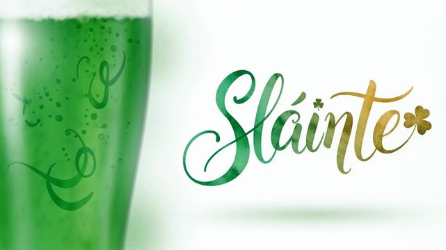 Green beer in a glass and slainte typography with shamrock for Saint Patricks Day celebration graphic resource, Irish holiday