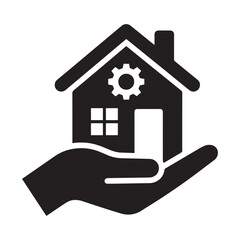 Professional Home Maintenance and Property Management Icon Featuring a Residential House with a Gear Symbol Held Safely in a Hand.