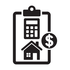 Professional Real Estate Appraisal and Mortgage Financial Planning Icon Featuring a Clipboard, Calculator, House Silhouette, and Dollar Sign Currency Symbol.