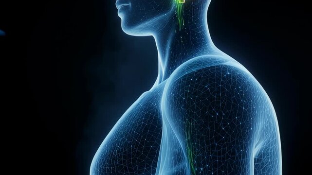 Futuristic Digital Illustration of Human Brain and Spinal Cord with Glowing Neural Pathways