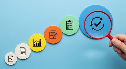 Business process analysis with magnifying glass and colorful icons