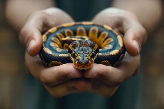 Ball python in human hands close-up
