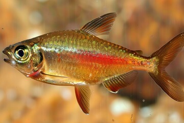 Fototapeta premium Colorful tropical aquarium fish close-up with red stripe