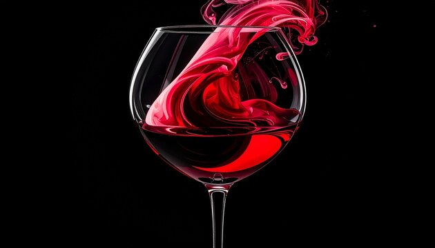 A wine glass filled with deep red liquid against a black background, with swirling vibrant red patterns resembling smoke or ink in water, creating dynamic motion and elegant visual contrast.
