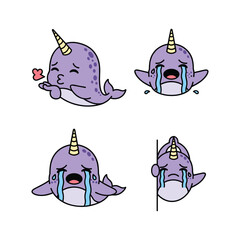 Crying narwhal cartoon character with different emotions and expressions © MorsidaStock