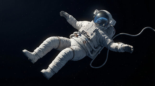 An astronaut in a white spacesuit floats weightlessly in the dark expanse of outer space with stars faintly visible in the background.