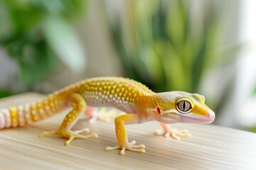 Obraz premium Yellow leopard gecko on wooden table in soft light