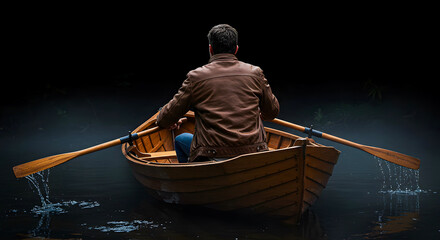 Obraz premium A lone figure in a wooden rowboat navigates dark, reflective waters, symbolizing a quiet journey, self-discovery, and the contemplative pursuit of direction