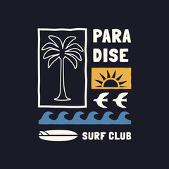 Paradise Surf Club. Vector graphic with waves, sun, and palm tree in retro colorway. Perfect for t-shirt print, posters, and stickers. 