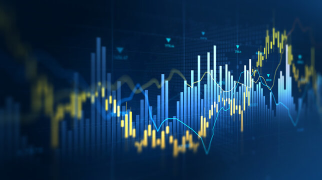 Digital finance background showing trading, investment growth, profit analysis and economic data.Stock market chart with candlestick bars and rising trend line.