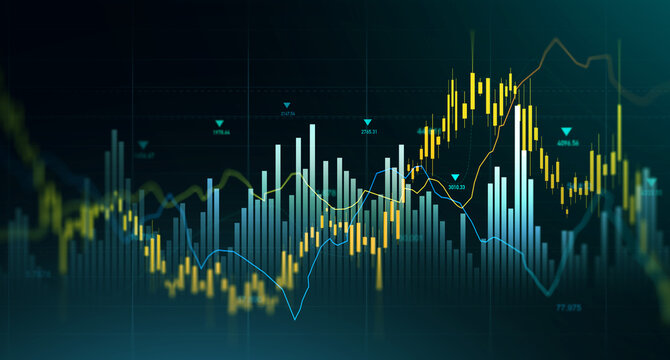 Stock market chart with candlestick bars and rising trend line. Digital finance background showing trading, investment growth, profit analysis and economic data.	
