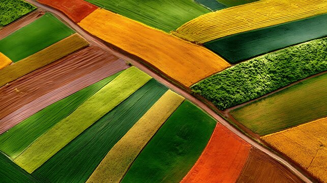 Aerial view of vibrant crop rotation fields with green yellow and red patterns in agricultural farmland landscape