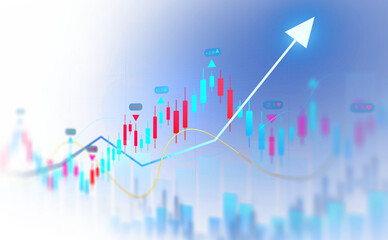 Transparent stock market chart with candlestick bars and rising trend line. Digital finance...