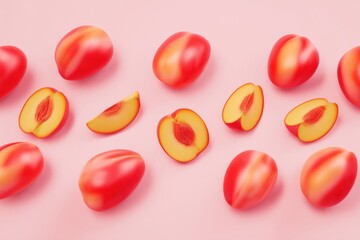 Red plums and sliced halves on pastel pink background