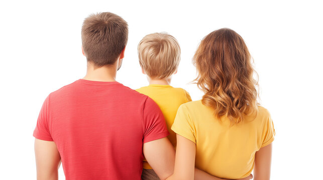 Young family of three standing together seen from back