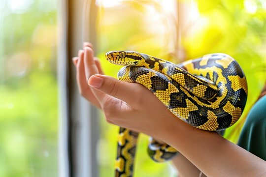 Hands holding a yellow and black python near a window