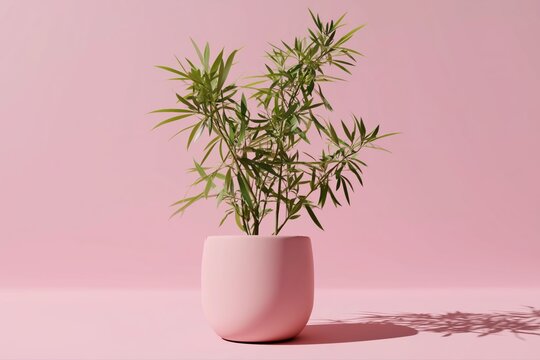 Minimal pink pot with green podocarpus plant on pastel background