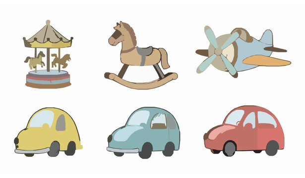 Hand Drawn Colorful Toy Set with Carousel Rocking Horse Cars and Plane Vector Illustration