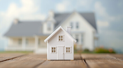Small white model house on wooden surface with blurred real home in background