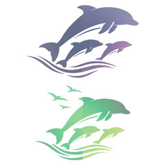 Naklejka premium Halftone Gradient Dolphin Family Logo with Seabirds Ocean Waves.