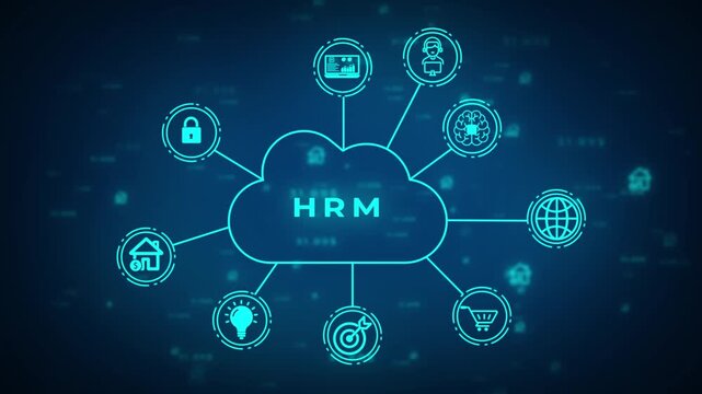 Digital cloud network diagram with HR initials and connected representing data analytics human resources and communication on a dark blue technological background with glowing numbers and symbols