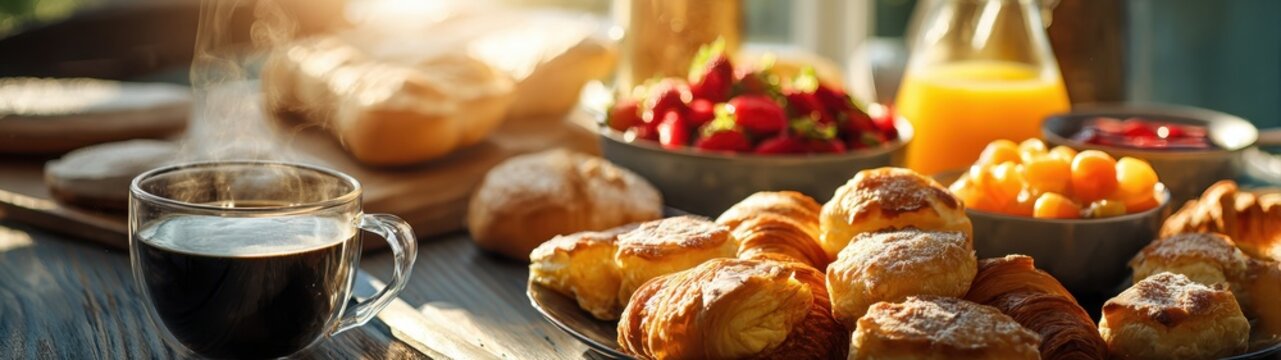 Panoramic view of a cozy morning breakfast table featuring a steaming glass cup of coffee, fresh croissants, strawberries, and orange juice illuminated by warm sunlight