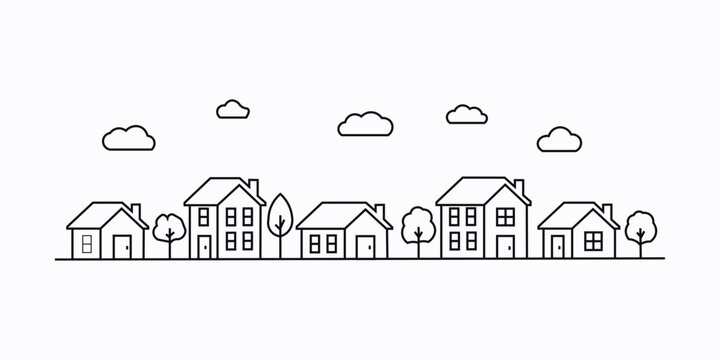 Simple line art row of houses with trees and clouds home building