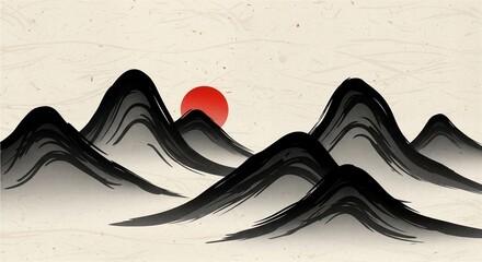 Mountain Range with Red Sun