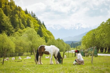 Engaging in foraging for stinging nettles amidst lush greenery this scene embodies the beauty of slow living and intentionality in rural life