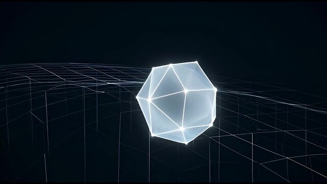 A luminous geometric shape floating above a wireframe grid in dark space
