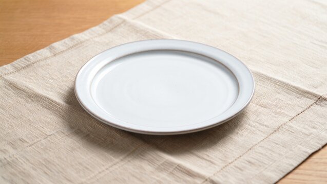 Ceramic plate on beige fabric for elegant table setting design. Mockup plates