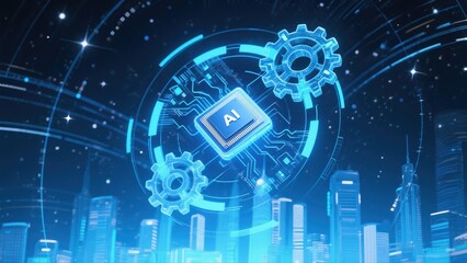 Obraz premium Digital illustration of artificial intelligence technology with circuitry, gears, and futuristic cityscape