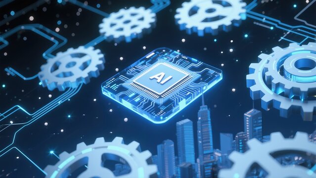 AI chip integrated with gears and cityscape in a futuristic technology network