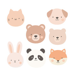 Obraz premium Cute Animal Face Vector Set in Soft Pastel Flat Style