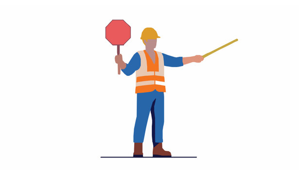 Construction Worker Directing Traffic with Stop Sign and Pointer Stick Safety Control Vector Illustration