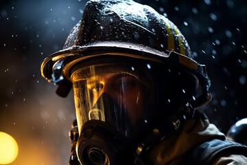 Fototapeta premium Firefighter dousing flames with water while wearing a helmet marked with the letter a