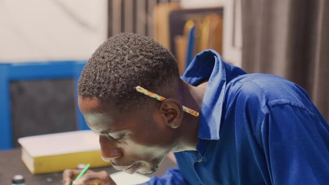 Artist applying black paint to paper at desk, pencil tucked behind ear, dynamic brush strokes and closeup gestures, candid smile and focused expression, vibrant studio backdrop with framed works