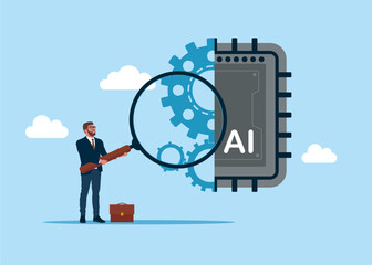 Naklejka premium Businessman looking through magnifying glass on artificial Intelligence chip with gear system move. Technology of ideas and global or use Ai for data analysis. Flat vector illustration 